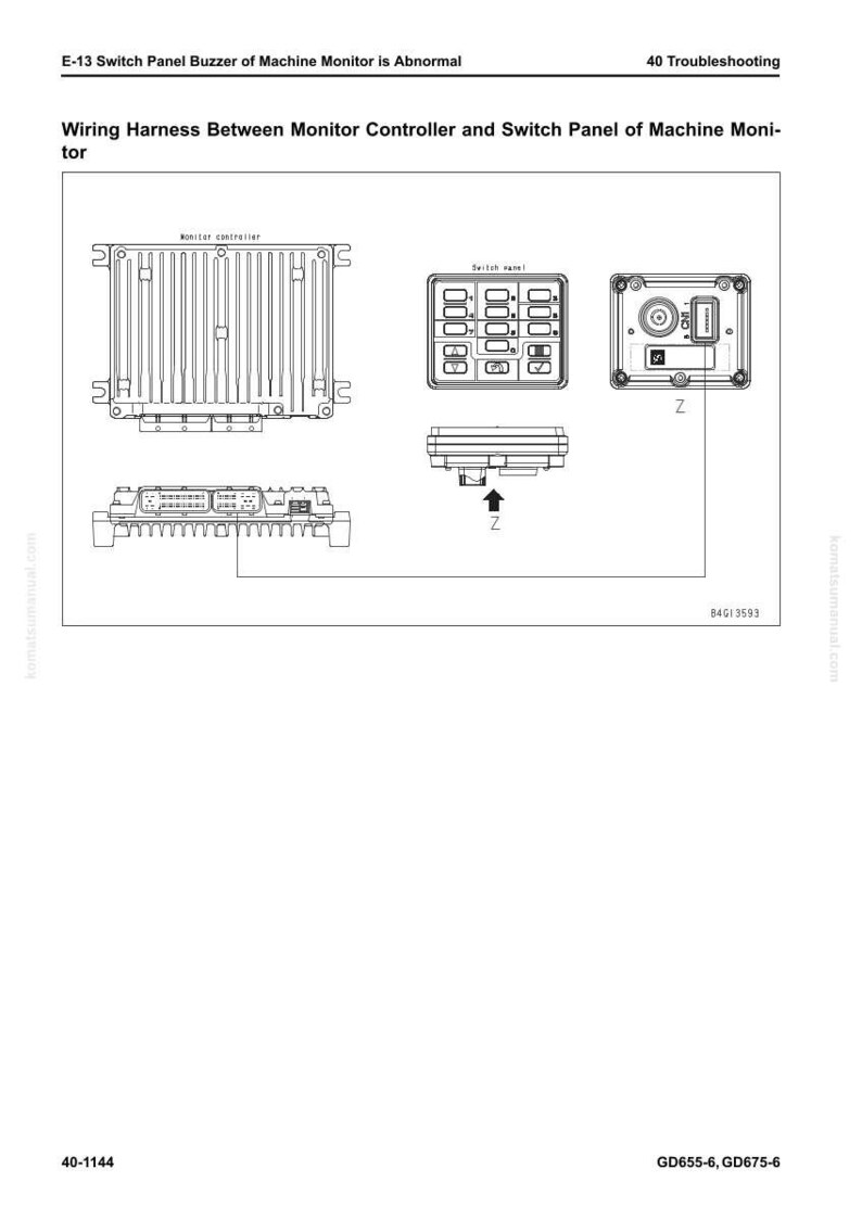 May include: Diagram of a machine monitor system, including a monitor controller, switch panel, and wiring harness. The diagram includes labels and arrows, with the text "E-13 Switch Panel Buzzer of Machine Monitor is Abnormal".