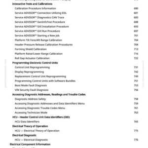 May include: A white page with a detailed table of contents for electronic control unit diagnostics and programming. The text includes sections on calibration, diagnostics, and troubleshooting, with page numbers listed on the right.