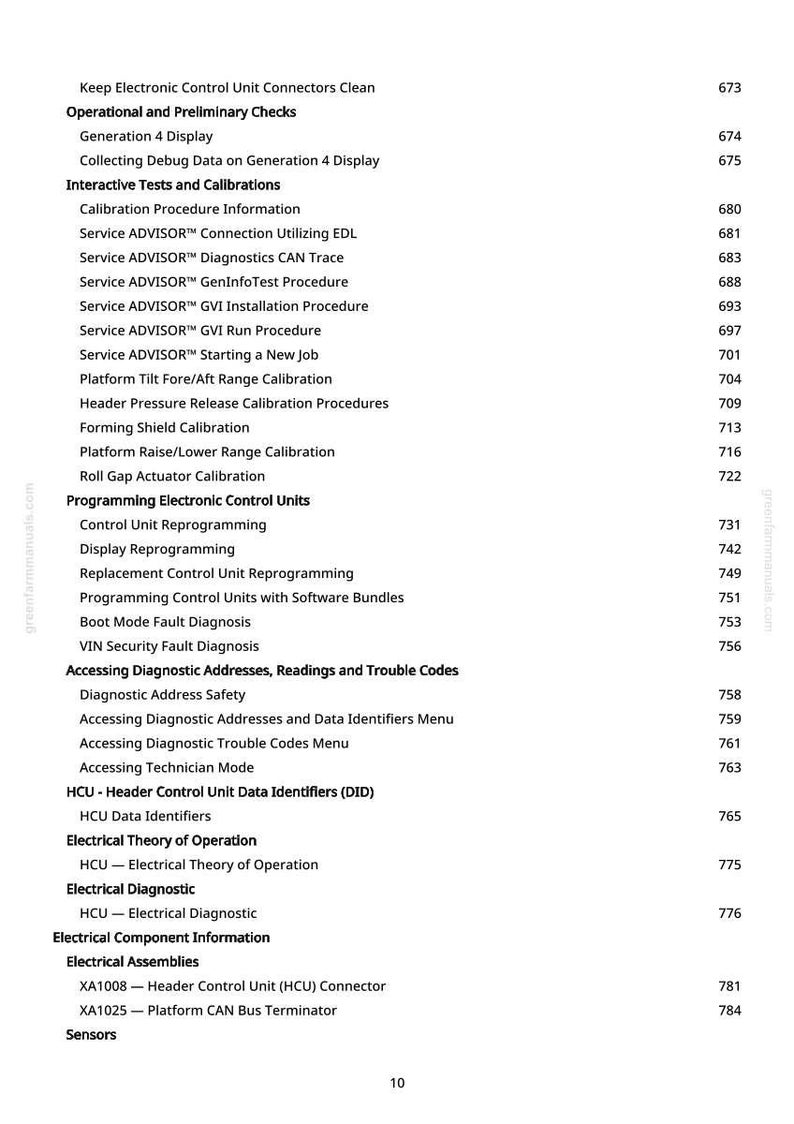 May include: A white page with a detailed table of contents for electronic control unit diagnostics and programming. The text includes sections on calibration, diagnostics, and troubleshooting, with page numbers listed on the right.