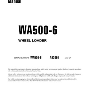 K&ouml;nnte beinhalten: Ein wei&szlig;es Werkstatthandbuch mit dem Titel "Shop Manual" und dem Text "WA500-6 WHEEL LOADER". Das Handbuch enth&auml;lt Seriennummern und Urheberrechtsinformationen. Das Dokument ist in den USA gedruckt.