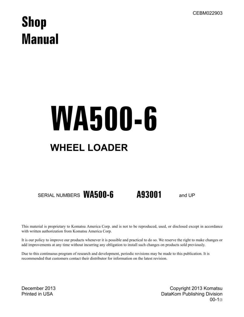 K&ouml;nnte beinhalten: Ein wei&szlig;es Werkstatthandbuch mit dem Titel "Shop Manual" und dem Text "WA500-6 WHEEL LOADER". Das Handbuch enth&auml;lt Seriennummern und Urheberrechtsinformationen. Das Dokument ist in den USA gedruckt.