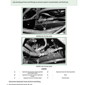 May include: Diagram of hydraulic system components, including hoses, valves, and fittings. The image includes labels and a legend for identification. Text provides instructions for maintenance and repair procedures.