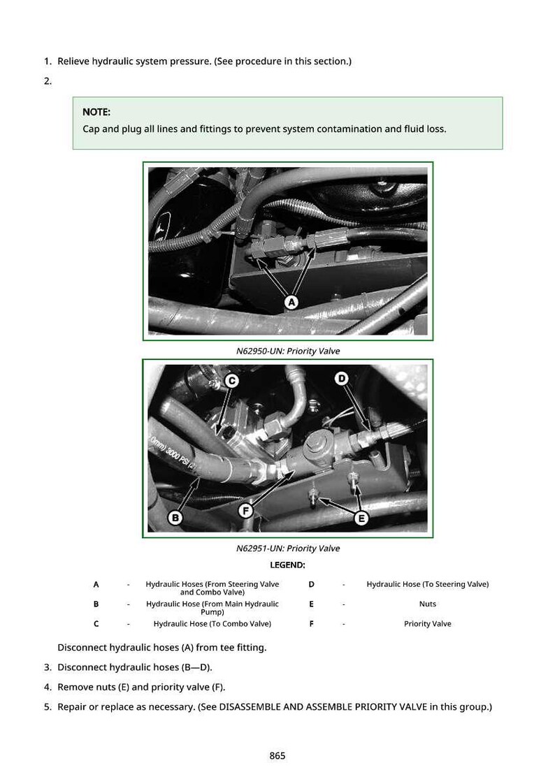 May include: Diagram of hydraulic system components, including hoses, valves, and fittings. The image includes labels and a legend for identification. Text provides instructions for maintenance and repair procedures.