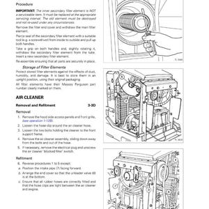 K&ouml;nnte beinhalten: Technische Zeichnung eines Luftfiltersystems mit Wartungs- und Wiedereinbauanweisungen. Enth&auml;lt detaillierte Illustrationen zum Ausbau des Sekund&auml;rfilters und der Luftfilterbaugruppe. Text mit Teilenummern und Sicherheitshinweisen.