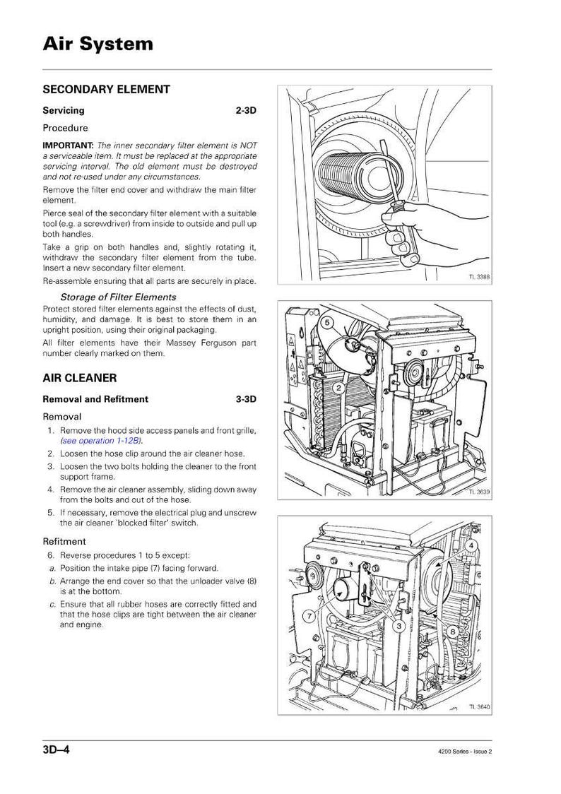 K&ouml;nnte beinhalten: Technische Zeichnung eines Luftfiltersystems mit Wartungs- und Wiedereinbauanweisungen. Enth&auml;lt detaillierte Illustrationen zum Ausbau des Sekund&auml;rfilters und der Luftfilterbaugruppe. Text mit Teilenummern und Sicherheitshinweisen.