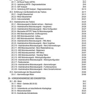 Peut inclure: Table des mati&egrave;res d'un manuel technique en allemand, avec des sections sur les calibrages &eacute;lectroniques, les diagnostics et les proc&eacute;dures moteur. Les num&eacute;ros de page sont indiqu&eacute;s. Le document est un guide pour l'entretien des tracteurs.
