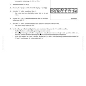 May include: A page from a machine monitor system manual, detailing testing and adjusting procedures. The text includes instructions for using switches and setting values, with a range of -50.0 to +50.0. A small display shows numerical data.