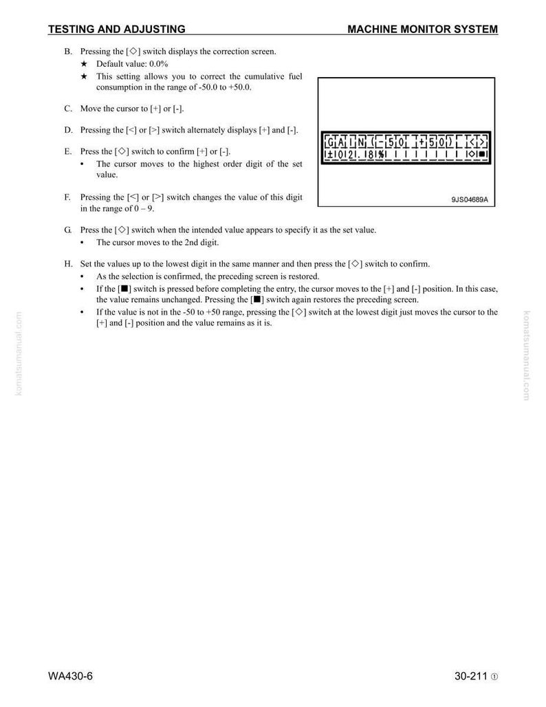 May include: A page from a machine monitor system manual, detailing testing and adjusting procedures. The text includes instructions for using switches and setting values, with a range of -50.0 to +50.0. A small display shows numerical data.