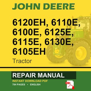 Może przedstawiać: Okładka instrukcji napraw John Deere z ż&oacute;łtym i zielonym tłem. Tekst zawiera "JOHN DEERE" i numery modeli ciągnik&oacute;w. Po prawej stronie znajduje się zielono-ż&oacute;łty ciągnik. Dolny baner głosi "REPAIR MANUAL" i "NATYCHMIASTOWE POBIERANIE PDF".