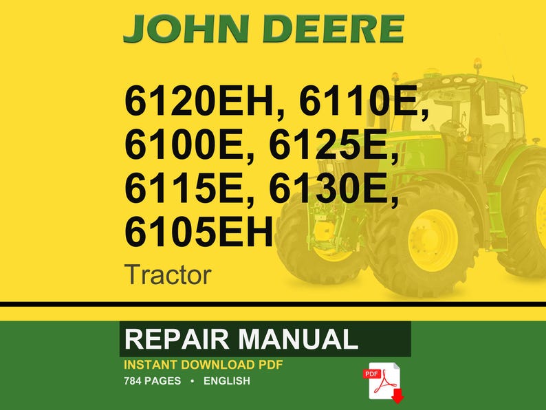 Może przedstawiać: Okładka instrukcji napraw John Deere z ż&oacute;łtym i zielonym tłem. Tekst zawiera "JOHN DEERE" i numery modeli ciągnik&oacute;w. Po prawej stronie znajduje się zielono-ż&oacute;łty ciągnik. Dolny baner głosi "REPAIR MANUAL" i "NATYCHMIASTOWE POBIERANIE PDF".