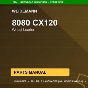 May include: A digital document cover with the Weidemann logo and the text "8080 CX120 Wheel Loader." The cover is brown with a yellow rectangle that says "PARTS MANUAL." The document is 424 pages and in multiple languages.