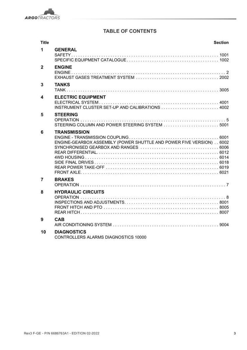 K&ouml;nnte beinhalten: Inhaltsverzeichnis von Argo Tractors. Das Dokument listet Abschnitte wie Allgemeines, Motor, Tanks, Elektrische Ausr&uuml;stung, Lenkung, Getriebe, Bremsen, Hydraulikkreise, Kabine und Diagnostik auf. Das Dokument ist von Februar 2022.
