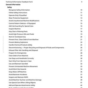 May include: A white page with a black table of contents for a manual. The title "Table of Contents" is at the top. The list includes safety information, machine operation, and maintenance topics.