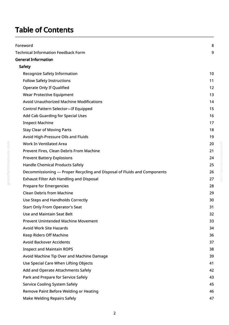 May include: A white page with a black table of contents for a manual. The title "Table of Contents" is at the top. The list includes safety information, machine operation, and maintenance topics.