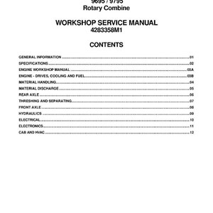 Puede incluir: Manual de taller blanco para una cosechadora rotativa Massey Ferguson, modelos 9695/9795. El manual incluye un &iacute;ndice con secciones sobre motor, hidr&aacute;ulica y sistemas el&eacute;ctricos.