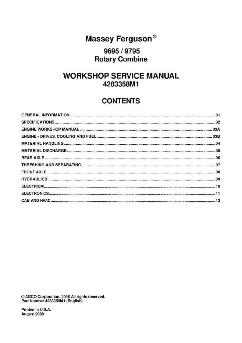 Puede incluir: Manual de taller blanco para una cosechadora rotativa Massey Ferguson, modelos 9695/9795. El manual incluye un &iacute;ndice con secciones sobre motor, hidr&aacute;ulica y sistemas el&eacute;ctricos.