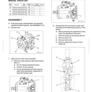 May include: Technical diagram of the disassembly and assembly of an HST pump assembly. Includes diagrams of the low and high pressure relief valve assemblies, with numbered parts and instructions. Text includes "Special Tools List" and "Disassembly".