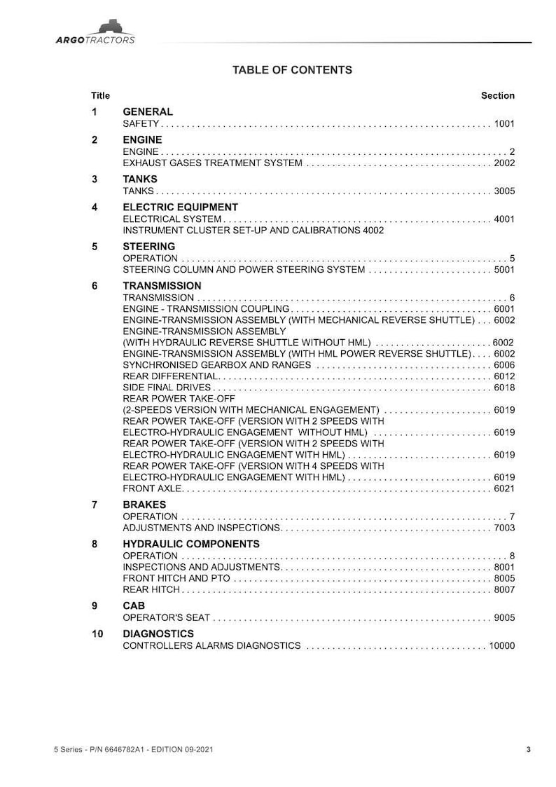 May include: Table of contents for a tractor manual, listing sections such as Engine, Transmission, Brakes, and Diagnostics. The document is titled "Table of Contents" and includes page numbers.