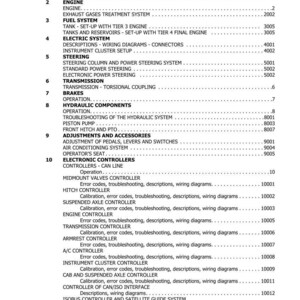 May include: A detailed table of contents from a manual, listing sections and page numbers. Sections include Engine, Fuel System, Electric System, Steering, Transmission, Brakes, Hydraulic Components, and Adjustments.