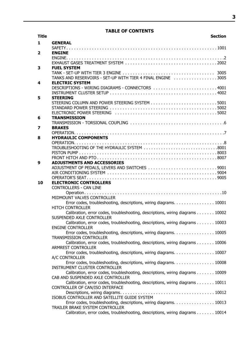 May include: A detailed table of contents from a manual, listing sections and page numbers. Sections include Engine, Fuel System, Electric System, Steering, Transmission, Brakes, Hydraulic Components, and Adjustments.