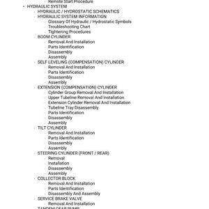 K&ouml;nnte beinhalten: Eine detaillierte Liste von Verfahren und Komponenten f&uuml;r ein Hydrauliksystem, einschlie&szlig;lich des Fernstartwerkzeugs, des Auslegerzylinders, des selbstnivellierenden Zylinders und mehr. Der Text ist in schwarzer Schrift auf wei&szlig;em Hintergrund.
