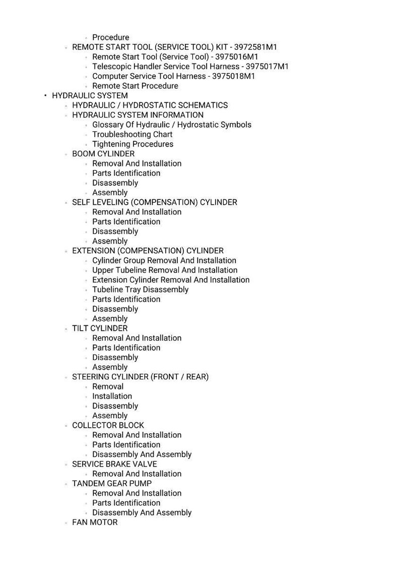 K&ouml;nnte beinhalten: Eine detaillierte Liste von Verfahren und Komponenten f&uuml;r ein Hydrauliksystem, einschlie&szlig;lich des Fernstartwerkzeugs, des Auslegerzylinders, des selbstnivellierenden Zylinders und mehr. Der Text ist in schwarzer Schrift auf wei&szlig;em Hintergrund.