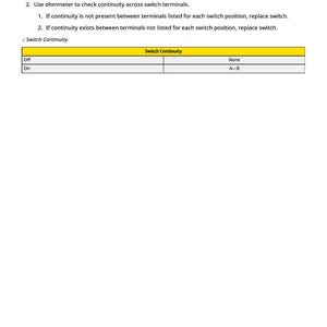 May include: Diagram with text explaining switch continuity testing. The legend shows terminals A and B. Instructions include disconnecting the switch and using an ohmmeter. A table shows switch positions and expected continuity.