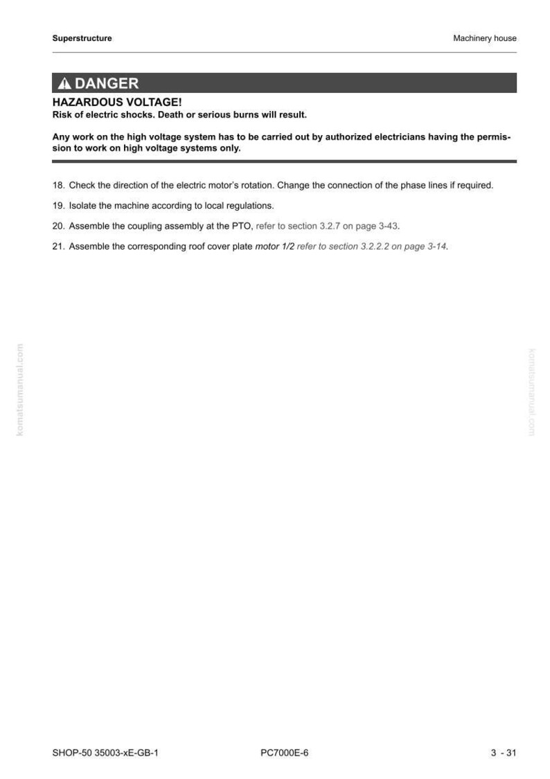 May include: A page from a machinery manual with a warning about hazardous voltage. The text includes safety instructions and assembly steps. The top of the page has the title "Superstructure" and "Machinery house".