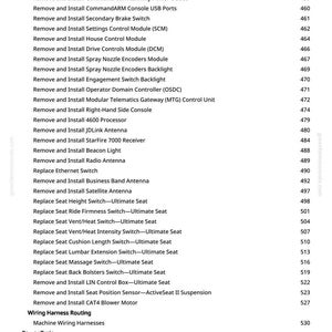 May include: A detailed list of procedures for equipment maintenance and repair, including instructions for removing and installing various components such as levers, modules, and antennas. The list also includes seat adjustments and wiring harness routing.