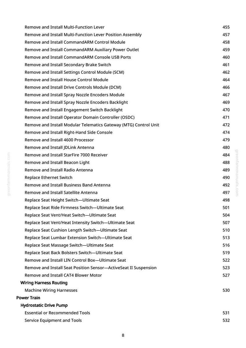 May include: A detailed list of procedures for equipment maintenance and repair, including instructions for removing and installing various components such as levers, modules, and antennas. The list also includes seat adjustments and wiring harness routing.