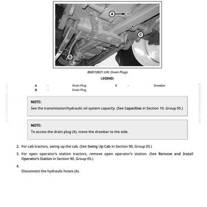 May include: Diagram from a manual detailing the removal and installation of a PowrQuad housing. The image shows a close-up of machinery with labels A, B, and C, and the text "BM010831-UN: Drain Plugs". Instructions are also provided.