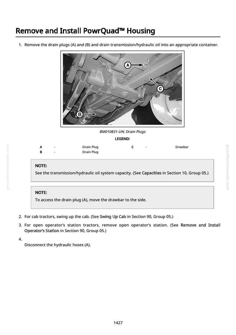 May include: Diagram from a manual detailing the removal and installation of a PowrQuad housing. The image shows a close-up of machinery with labels A, B, and C, and the text "BM010831-UN: Drain Plugs". Instructions are also provided.