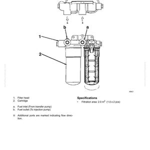 Op de afbeelding: Technische tekening van een brandstoffilter, met gedetailleerde annotaties. De afbeelding toont een filterkop, een patroon, een brandstofinlaat en -uitlaat. Het filtratieoppervlak is 2,0 m&sup2; (1,0 x 2 stuks).