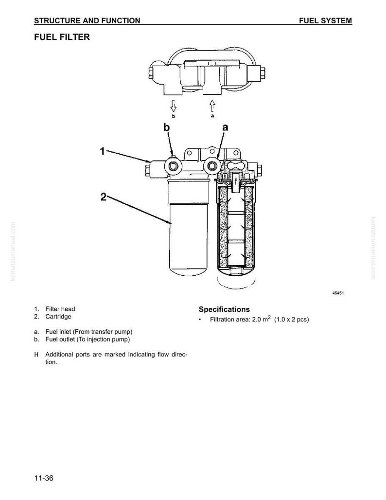 Op de afbeelding: Technische tekening van een brandstoffilter, met gedetailleerde annotaties. De afbeelding toont een filterkop, een patroon, een brandstofinlaat en -uitlaat. Het filtratieoppervlak is 2,0 m&sup2; (1,0 x 2 stuks).