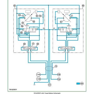 May include: Schematic diagram titled "Travel Motor and Park Brake Valve Operation." The diagram features interconnected components with labels and numbers, including circles, rectangles, and lines. The text "TX1237871-UN: Travel Motor Schematic" is at the bottom.