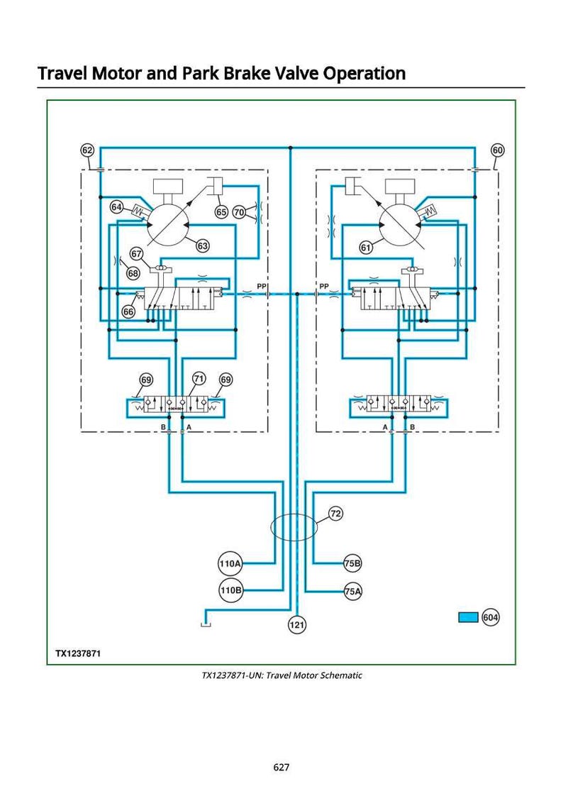 May include: Schematic diagram titled "Travel Motor and Park Brake Valve Operation." The diagram features interconnected components with labels and numbers, including circles, rectangles, and lines. The text "TX1237871-UN: Travel Motor Schematic" is at the bottom.