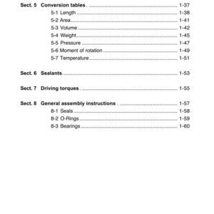 Op de afbeelding: Een witte pagina uit een handleiding met de titel "INTRODUCTION" en "CHAP.1". De inhoudsopgave bevat secties over conversietabellen, afdichtingsmiddelen, aandraaimomenten en algemene montage-instructies. Paginanummers staan vermeld.