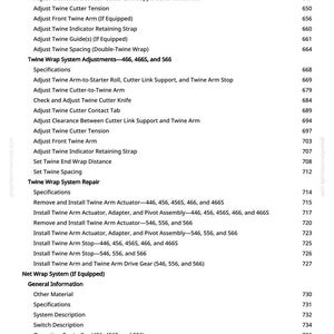 May include: A detailed page from a manual, listing adjustments and repair procedures for a twine wrap system. The text includes specifications, instructions for actuators, and net wrap system information. The page number is 9.