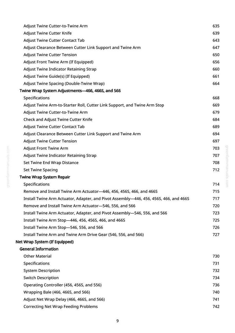 May include: A detailed page from a manual, listing adjustments and repair procedures for a twine wrap system. The text includes specifications, instructions for actuators, and net wrap system information. The page number is 9.