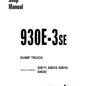 May include: A white shop manual with the text "Shop Manual" at the top. The manual features the text "930E-3SE" in large, bold font, and "DUMP TRUCK" below it. Serial numbers are listed, and the Komatsu logo is at the bottom.