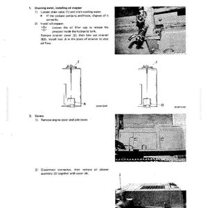 May include: A page from a manual titled "Disassembly and Assembly" with diagrams and instructions for engine maintenance. The page includes text and illustrations detailing steps for draining water, installing an oil stopper, and removing engine covers.