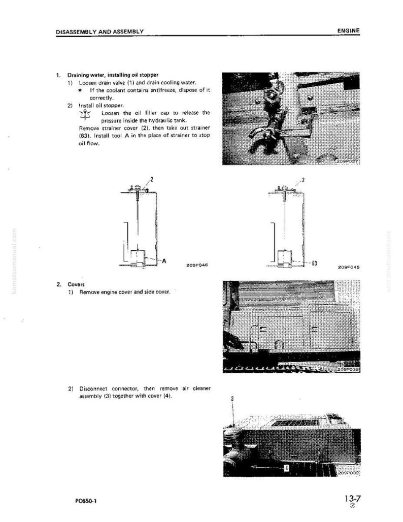 May include: A page from a manual titled "Disassembly and Assembly" with diagrams and instructions for engine maintenance. The page includes text and illustrations detailing steps for draining water, installing an oil stopper, and removing engine covers.