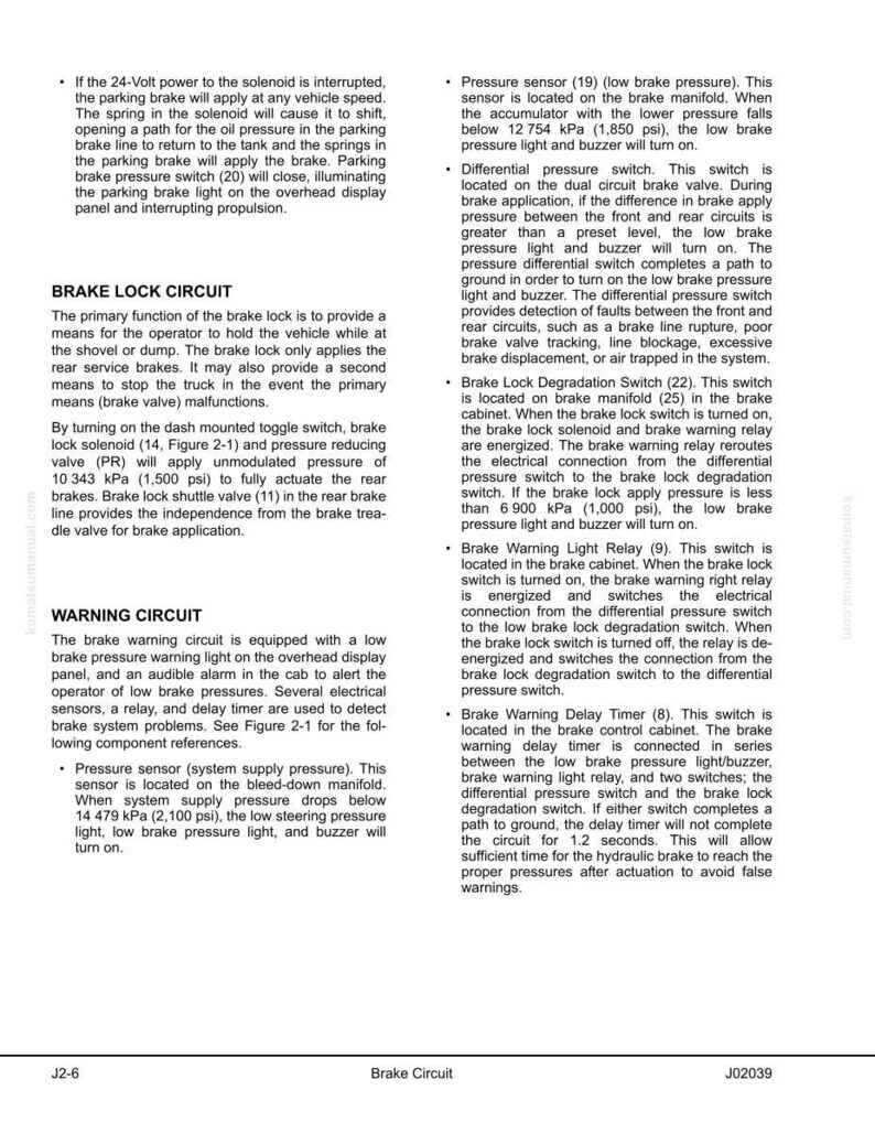 May include: A technical diagram detailing a brake lock circuit, warning circuit, and related components. Includes text descriptions of pressure sensors, switches, and relays, along with their functions in a vehicle's braking system.