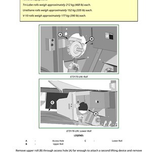 May include: Diagram of machinery components with labels and instructions. The image includes a warning about the weight of the rolls, with weights listed in pounds. The diagram shows the removal process of the upper and lower rolls.