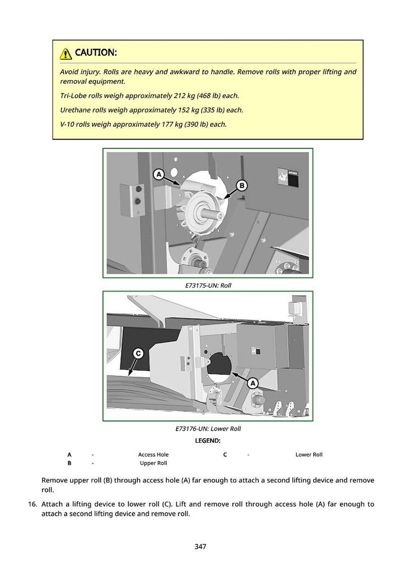 May include: Diagram of machinery components with labels and instructions. The image includes a warning about the weight of the rolls, with weights listed in pounds. The diagram shows the removal process of the upper and lower rolls.