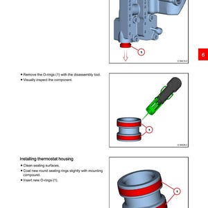 May include: Diagram of a thermostat housing with instructions for removal and installation of components. Includes illustrations of O-rings, a disassembly tool, and the text "Thermostat housing W 38-02-01".