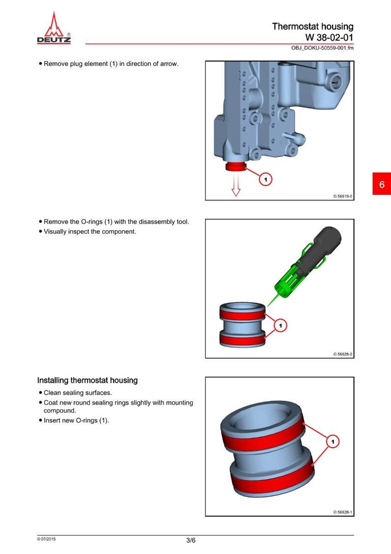 May include: Diagram of a thermostat housing with instructions for removal and installation of components. Includes illustrations of O-rings, a disassembly tool, and the text "Thermostat housing W 38-02-01".