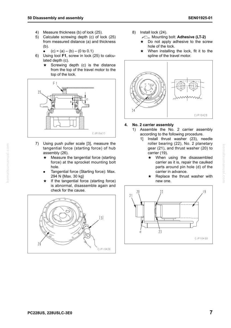Op de afbeelding: Technisch diagram met instructies voor het demonteren en monteren van een mechanisch onderdeel. Instructies omvatten metingen in Newton en kilogram, met diagrammen die het proces en de onderdelen tonen.