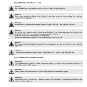 Puede incluir: P&aacute;gina de un manual de seguridad de Argo Tractors, que detalla situaciones peligrosas y advertencias de seguridad. La p&aacute;gina incluye advertencias sobre hematomas, cortes, descargas el&eacute;ctricas y otros peligros potenciales, con instrucciones.