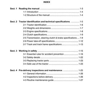 May include: A white and black printed manual with the title "INTRODUCTION" and "CHAP.1" at the top. The index includes sections on reading the manual, tractor specifications, working in safety, and pre-delivery inspections.